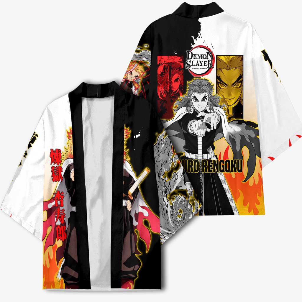 Kyojuro Rengoku from Demon Slayer Kimono with Black and White Split Design and Fiery Manga Panel Background - The Mazicc