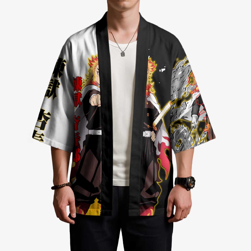 Kyojuro Rengoku from Demon Slayer Kimono with Black and White Split Design and Fiery Manga Panel Background - The Mazicc