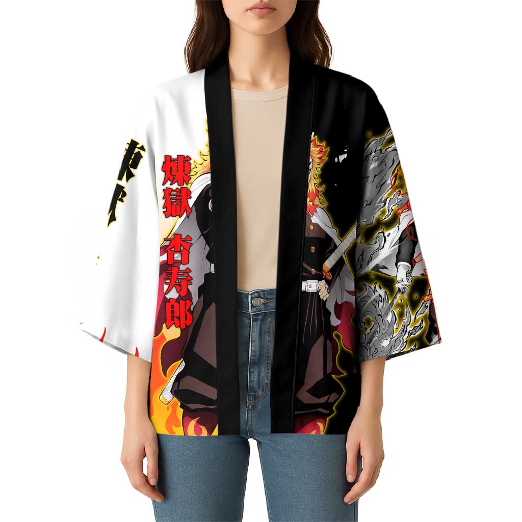 Kyojuro Rengoku from Demon Slayer Kimono with Black and White Split Design and Fiery Manga Panel Background - The Mazicc