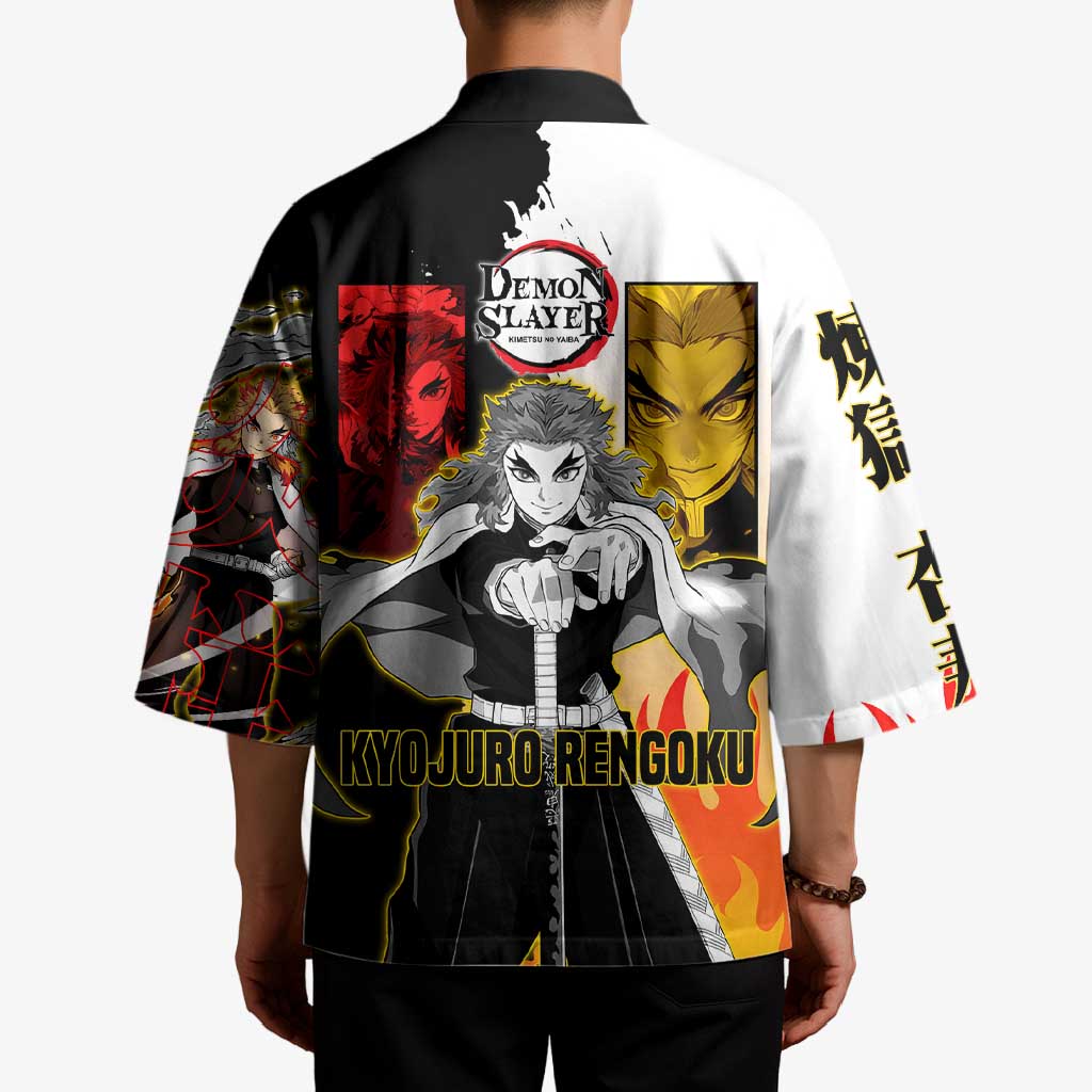 Kyojuro Rengoku from Demon Slayer Kimono with Black and White Split Design and Fiery Manga Panel Background - The Mazicc