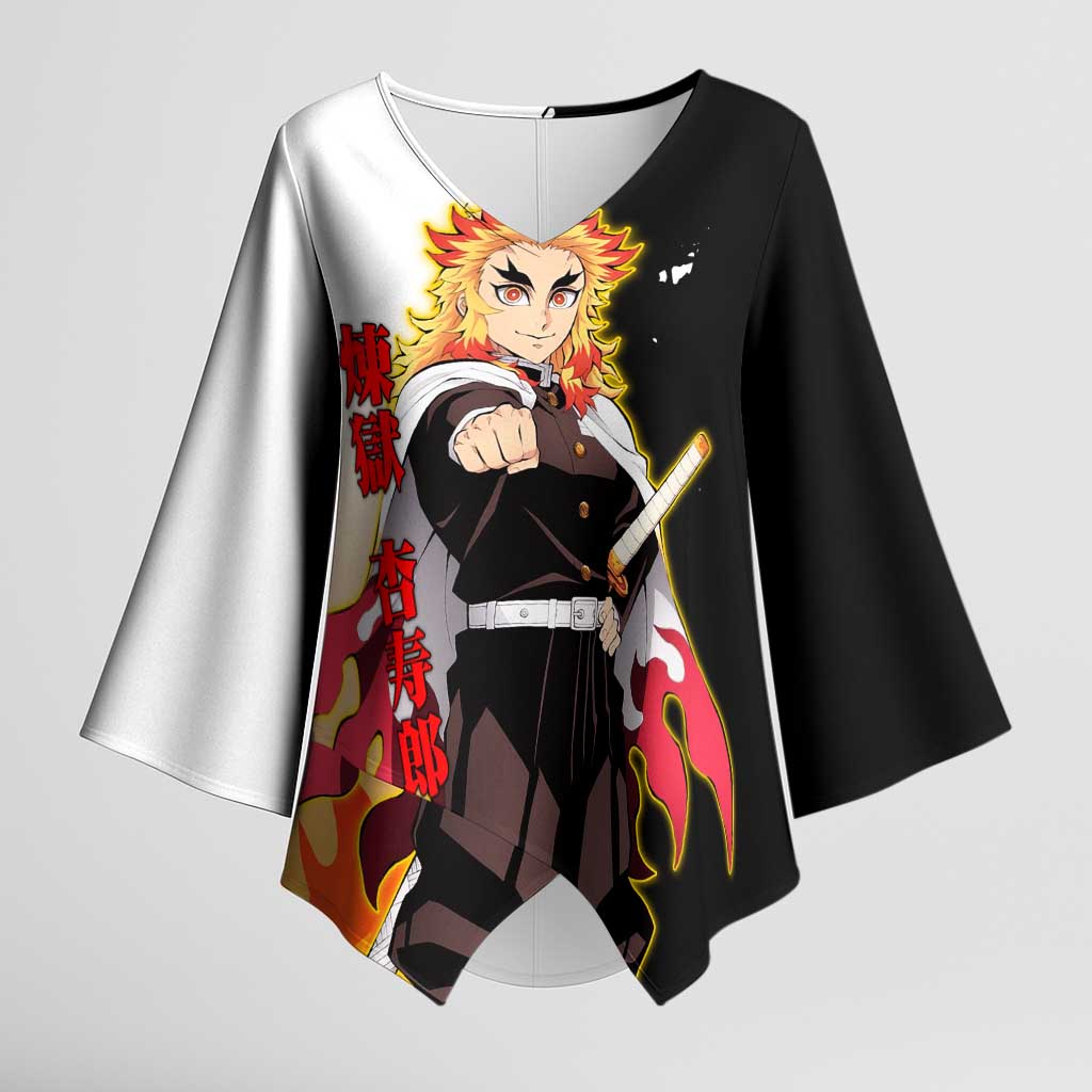 Kyojuro Rengoku from Demon Slayer Kimono Sleeve Blouse with Black and White Split Design and Fiery Manga Panel Background - The Mazicc