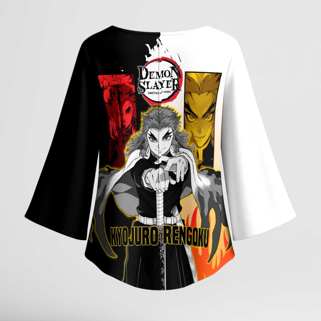 Kyojuro Rengoku from Demon Slayer Kimono Sleeve Blouse with Black and White Split Design and Fiery Manga Panel Background - The Mazicc