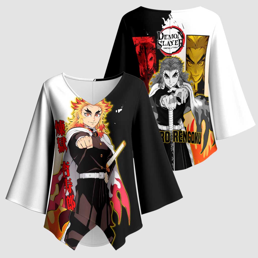 Kyojuro Rengoku from Demon Slayer Kimono Sleeve Blouse with Black and White Split Design and Fiery Manga Panel Background - The Mazicc