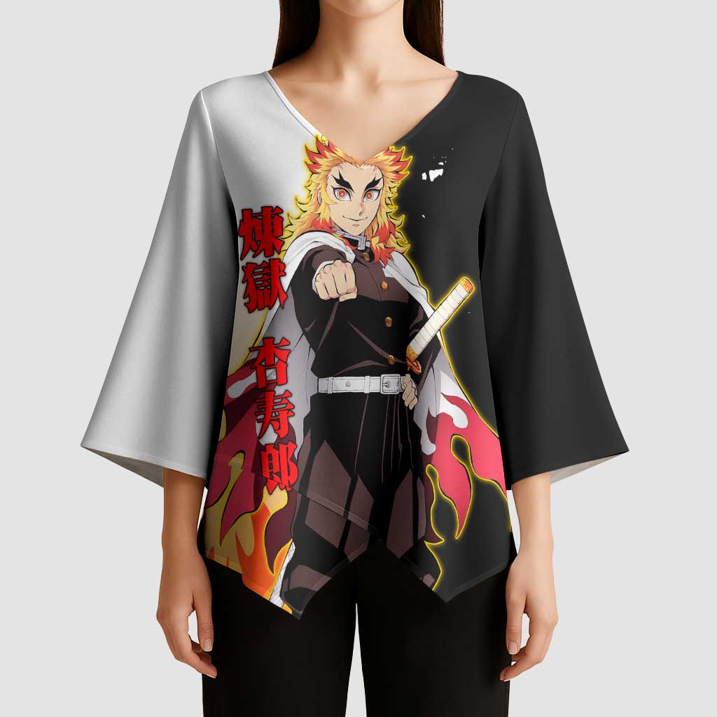 Kyojuro Rengoku from Demon Slayer Kimono Sleeve Blouse with Black and White Split Design and Fiery Manga Panel Background - The Mazicc