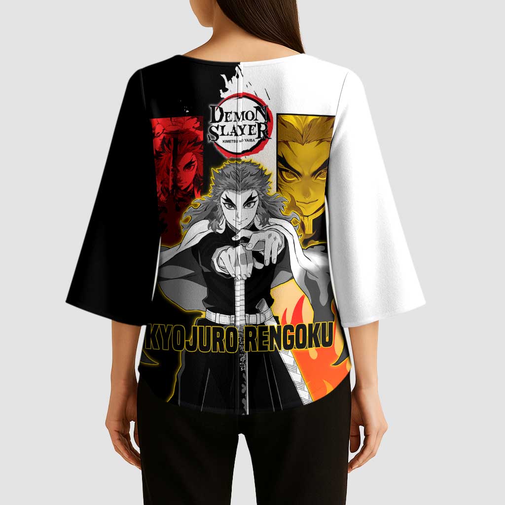 Kyojuro Rengoku from Demon Slayer Kimono Sleeve Blouse with Black and White Split Design and Fiery Manga Panel Background - The Mazicc
