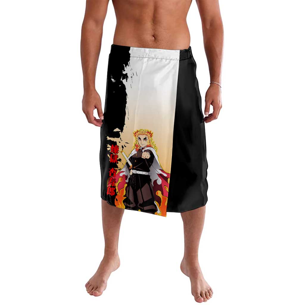 Kyojuro Rengoku from Demon Slayer Lavalava with Black and White Split Design and Fiery Manga Panel Background - The Mazicc