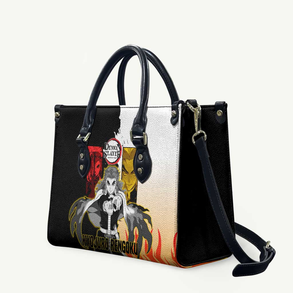 Kyojuro Rengoku from Demon Slayer Leather Bag with Black and White Split Design and Fiery Manga Panel Background - The Mazicc