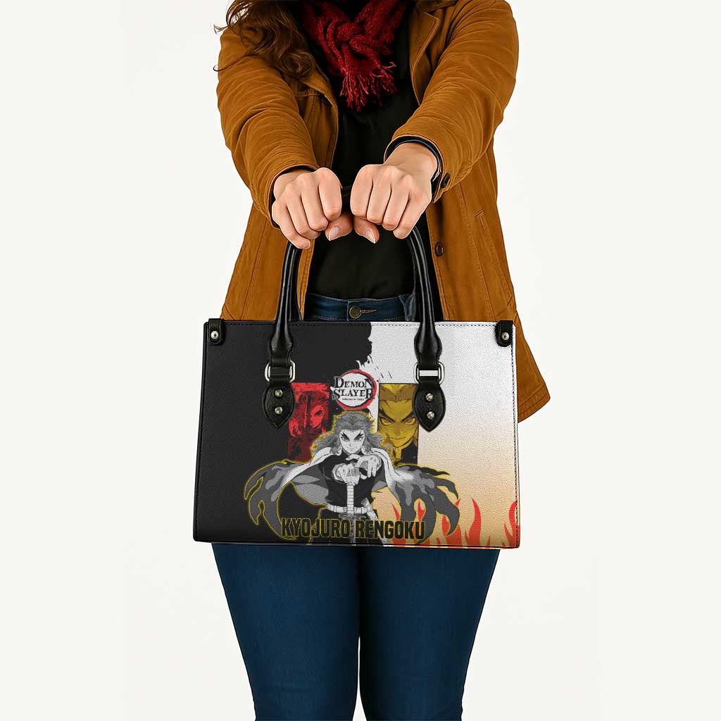 Kyojuro Rengoku from Demon Slayer Leather Bag with Black and White Split Design and Fiery Manga Panel Background - The Mazicc