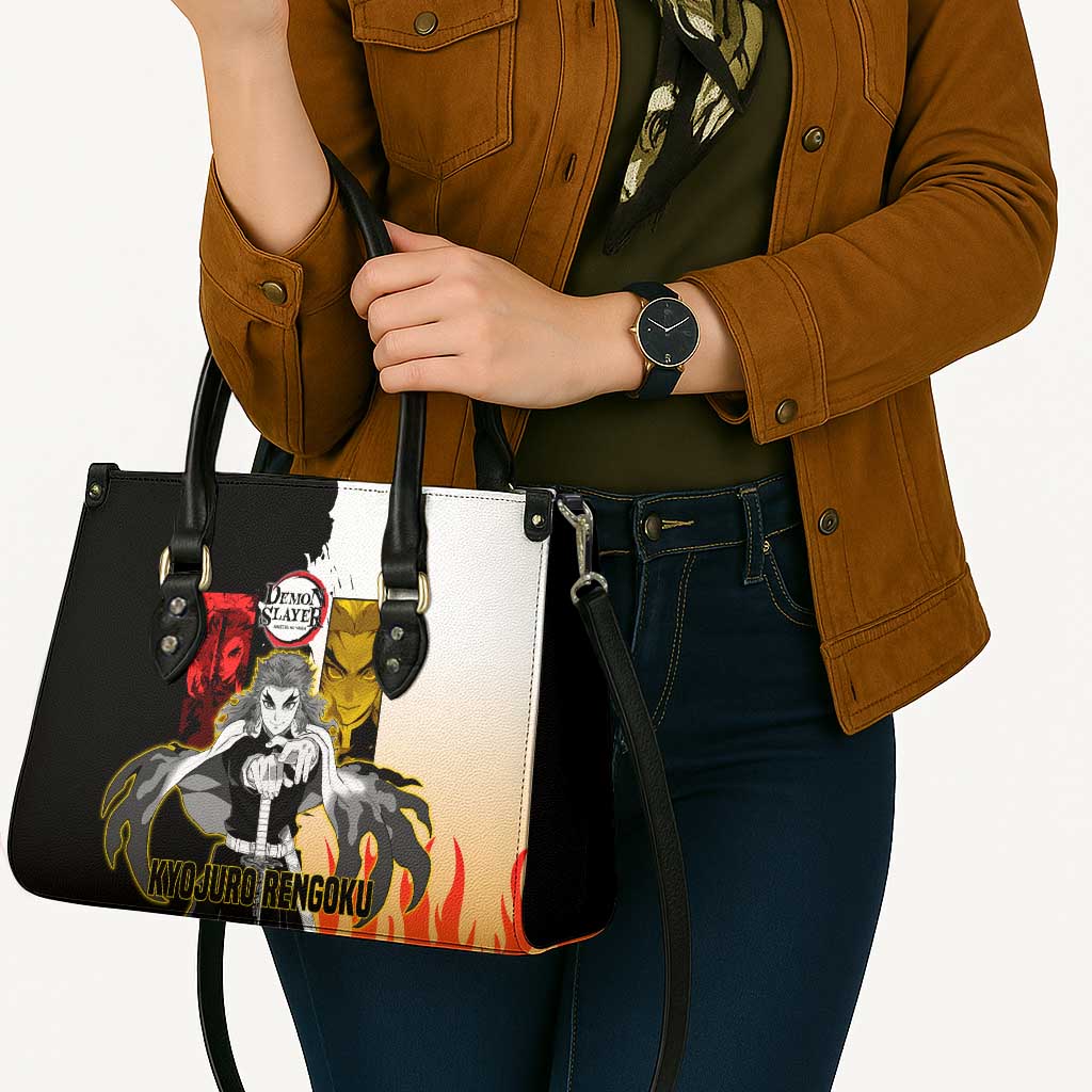 Kyojuro Rengoku from Demon Slayer Leather Bag with Black and White Split Design and Fiery Manga Panel Background - The Mazicc