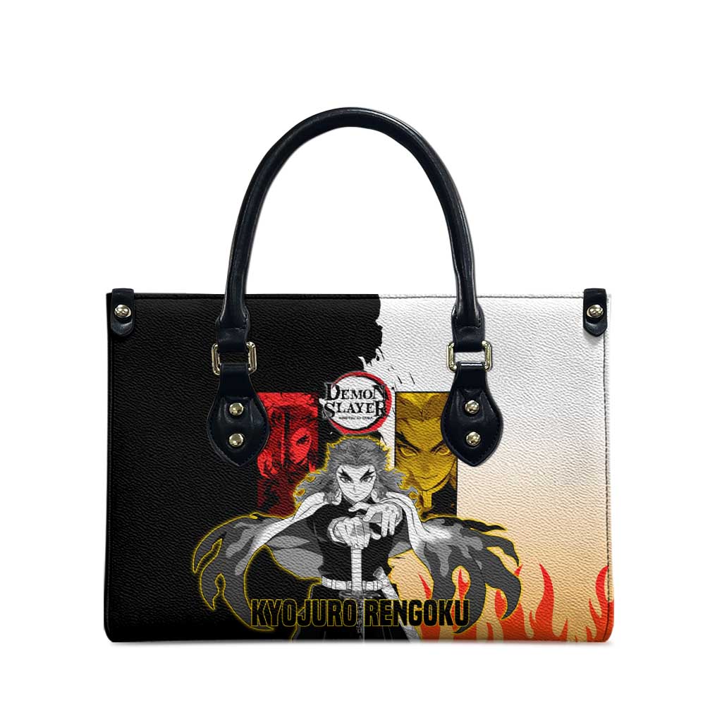 Kyojuro Rengoku from Demon Slayer Leather Bag with Black and White Split Design and Fiery Manga Panel Background - The Mazicc