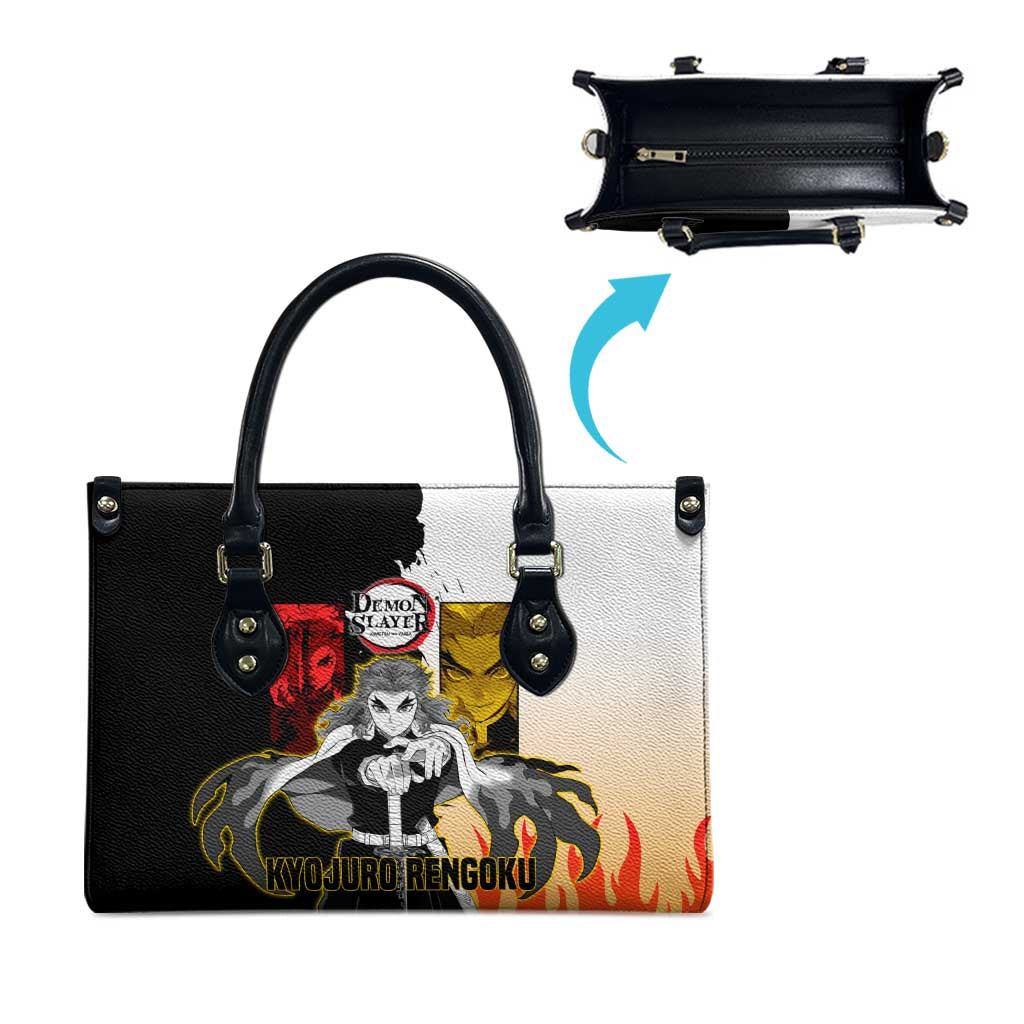 Kyojuro Rengoku from Demon Slayer Leather Bag with Black and White Split Design and Fiery Manga Panel Background - The Mazicc