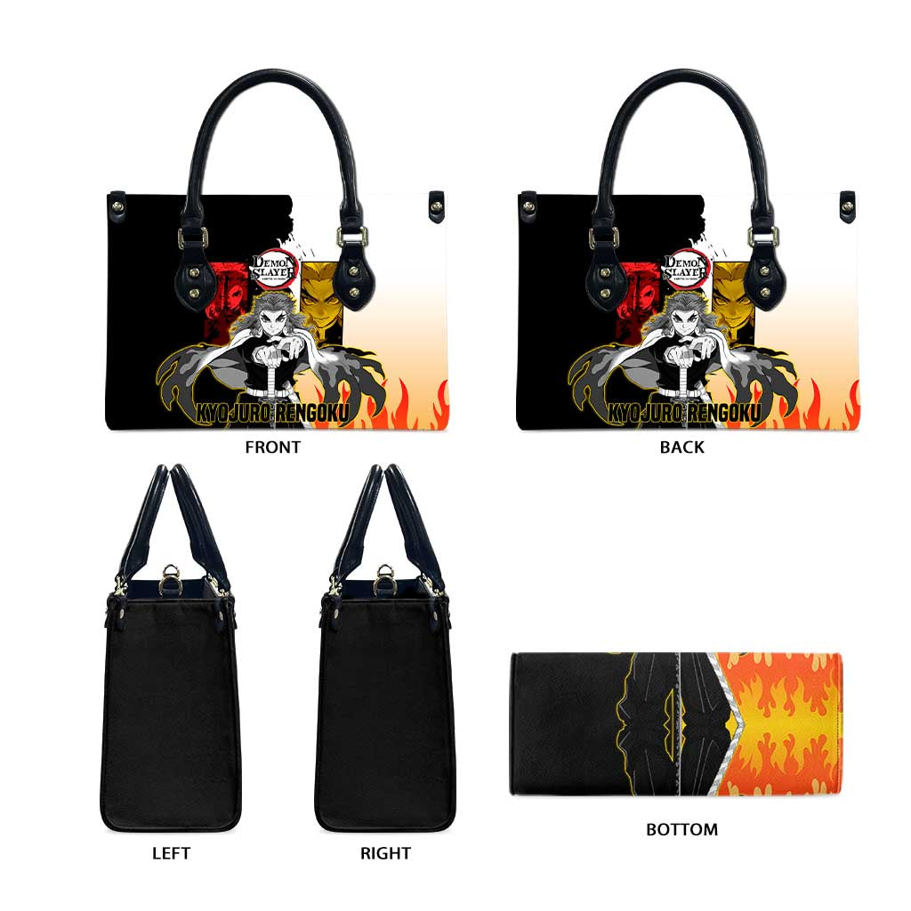 Kyojuro Rengoku from Demon Slayer Leather Bag with Black and White Split Design and Fiery Manga Panel Background - The Mazicc