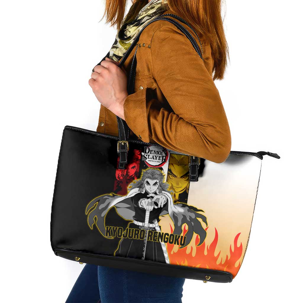 Kyojuro Rengoku from Demon Slayer Leather Tote Bag with Black and White Split Design and Fiery Manga Panel Background - The Mazicc