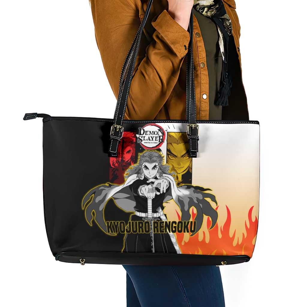 Kyojuro Rengoku from Demon Slayer Leather Tote Bag with Black and White Split Design and Fiery Manga Panel Background - The Mazicc