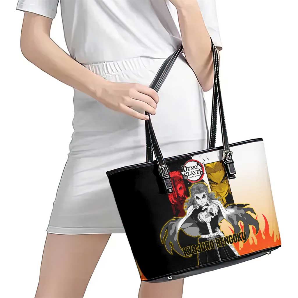 Kyojuro Rengoku from Demon Slayer Leather Tote Bag with Black and White Split Design and Fiery Manga Panel Background - The Mazicc