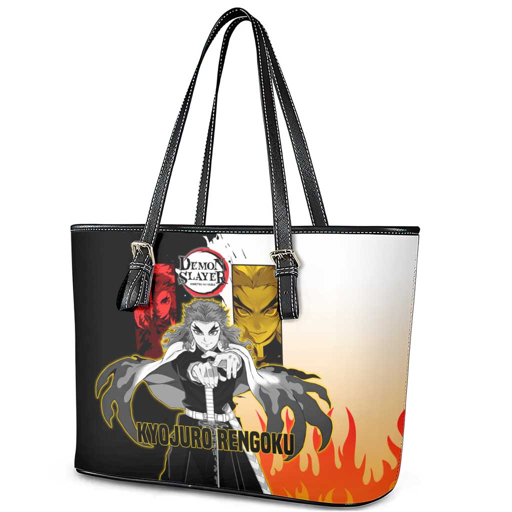 Kyojuro Rengoku from Demon Slayer Leather Tote Bag with Black and White Split Design and Fiery Manga Panel Background - The Mazicc