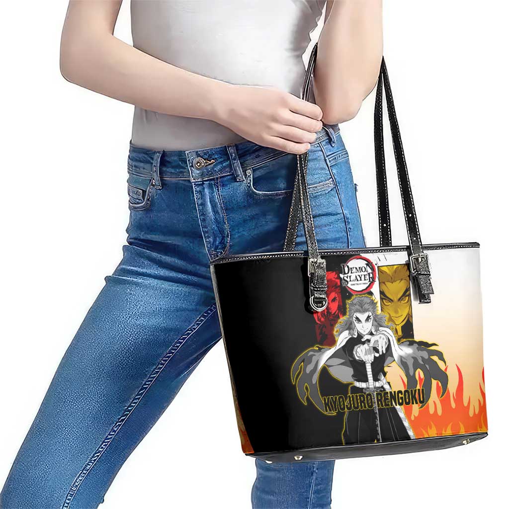 Kyojuro Rengoku from Demon Slayer Leather Tote Bag with Black and White Split Design and Fiery Manga Panel Background - The Mazicc
