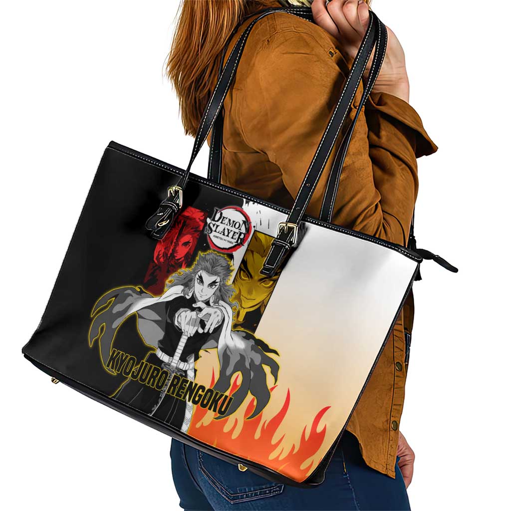 Kyojuro Rengoku from Demon Slayer Leather Tote Bag with Black and White Split Design and Fiery Manga Panel Background - The Mazicc