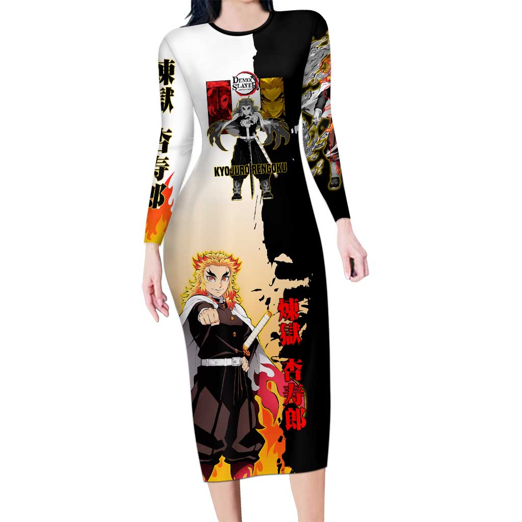 Kyojuro Rengoku from Demon Slayer Long Sleeve Bodycon Dress with Black and White Split Design and Fiery Manga Panel Background - The Mazicc