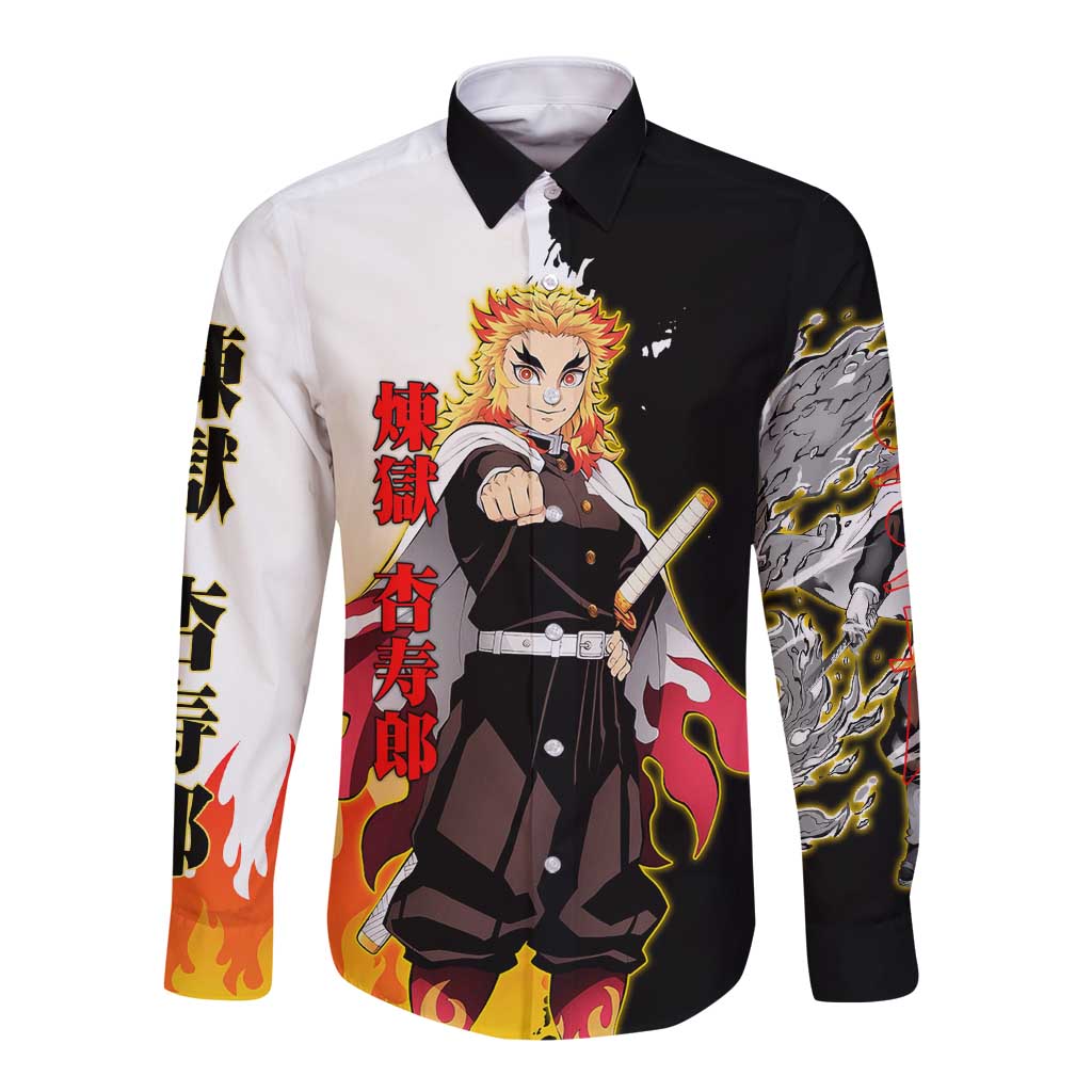 Kyojuro Rengoku from Demon Slayer Long Sleeve Button Shirt with Black and White Split Design and Fiery Manga Panel Background - The Mazicc