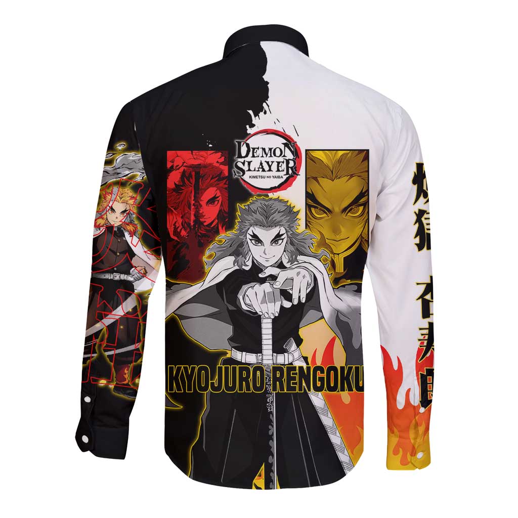 Kyojuro Rengoku from Demon Slayer Long Sleeve Button Shirt with Black and White Split Design and Fiery Manga Panel Background - The Mazicc