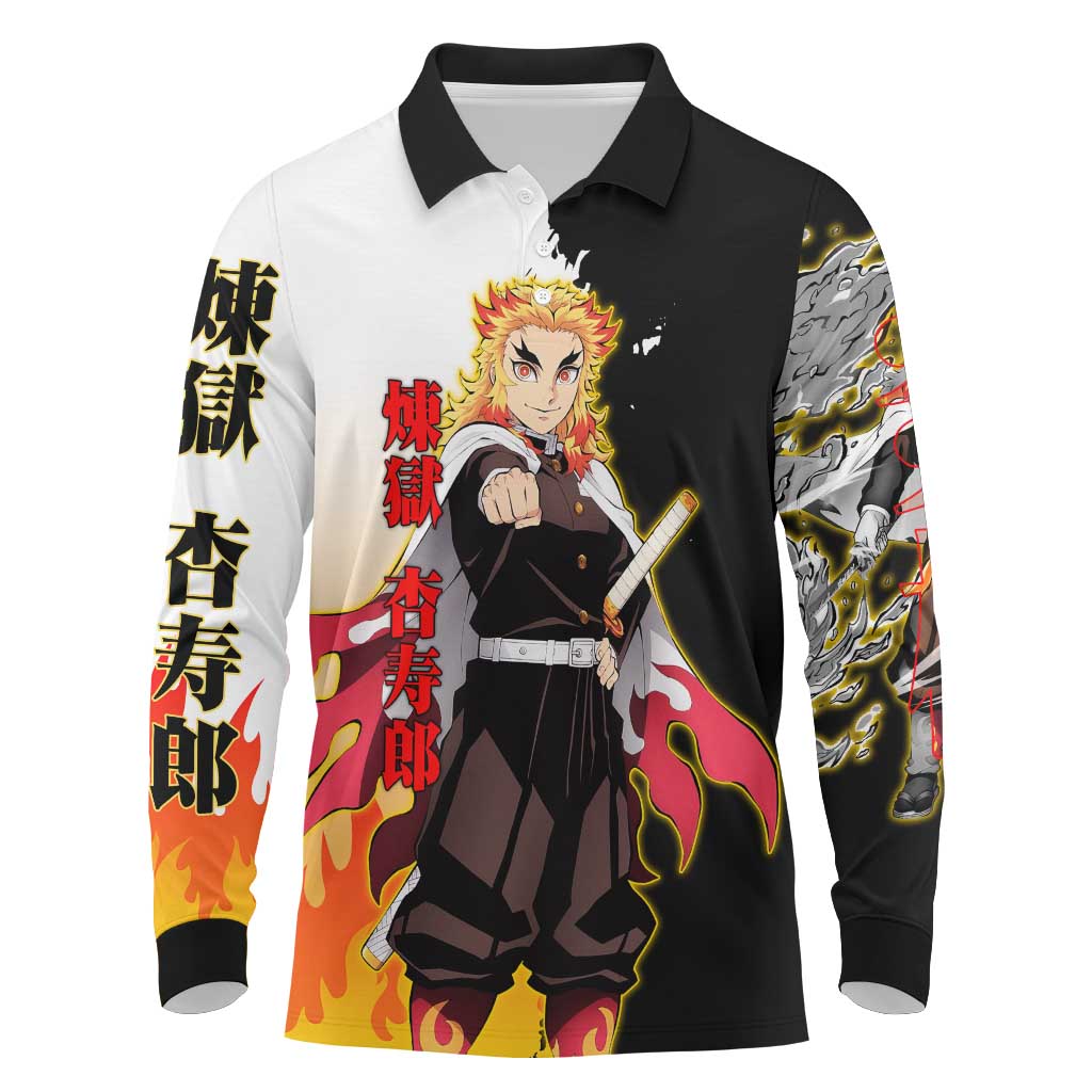 Kyojuro Rengoku from Demon Slayer Long Sleeve Polo Shirt with Black and White Split Design and Fiery Manga Panel Background - The Mazicc