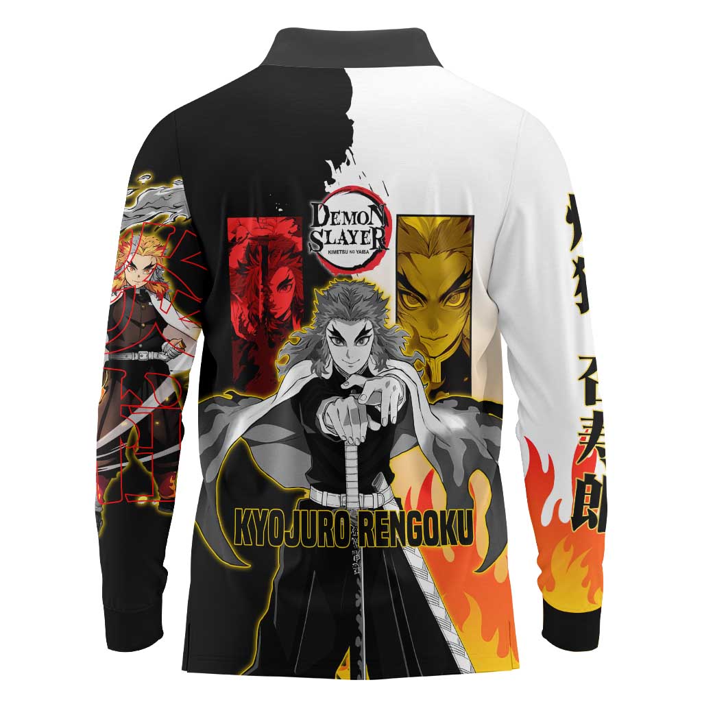 Kyojuro Rengoku from Demon Slayer Long Sleeve Polo Shirt with Black and White Split Design and Fiery Manga Panel Background - The Mazicc