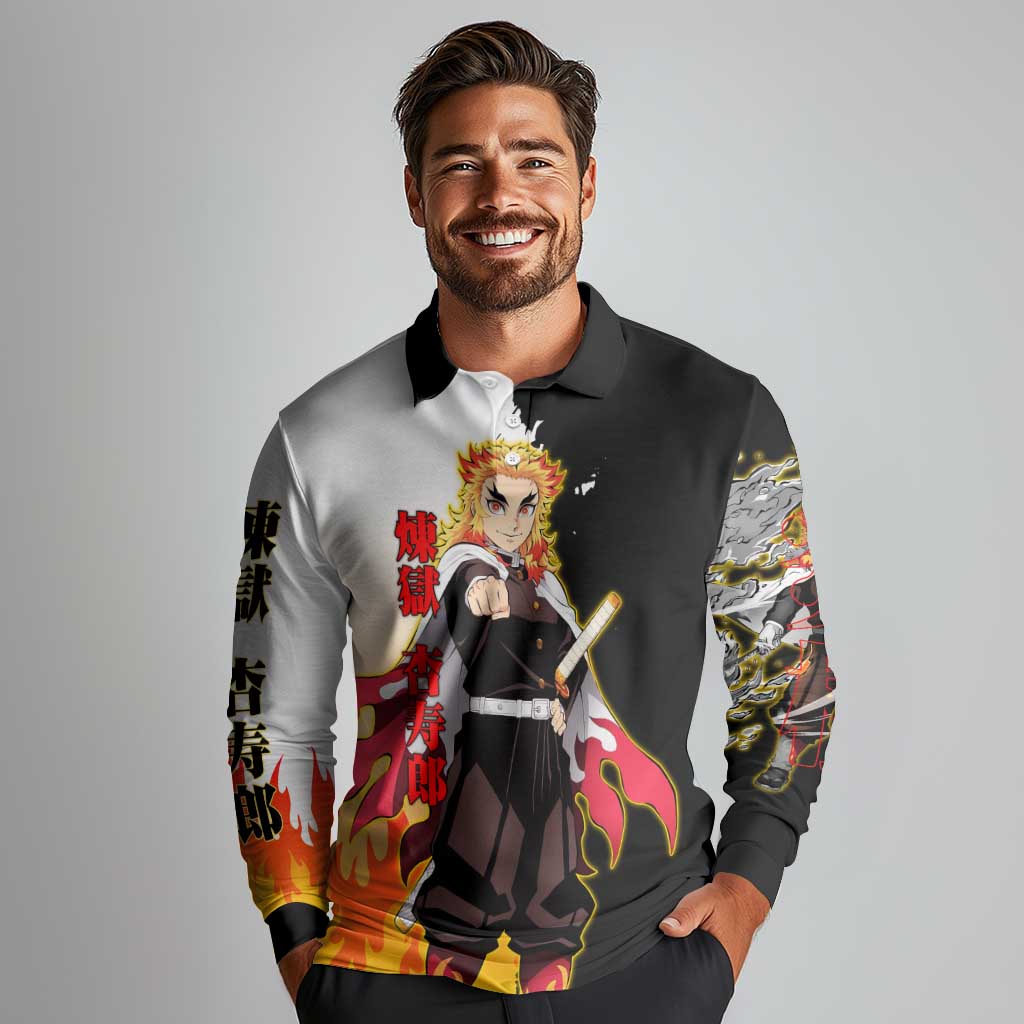 Kyojuro Rengoku from Demon Slayer Long Sleeve Polo Shirt with Black and White Split Design and Fiery Manga Panel Background - The Mazicc