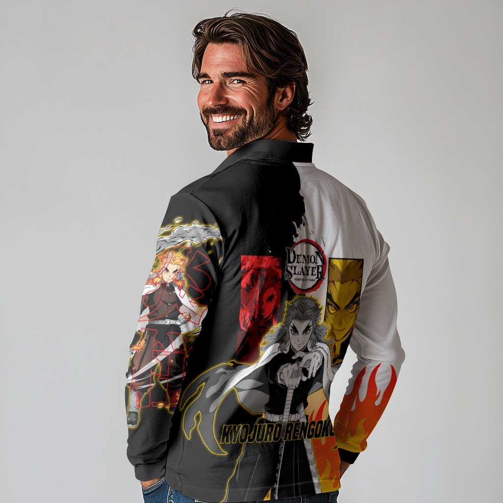 Kyojuro Rengoku from Demon Slayer Long Sleeve Polo Shirt with Black and White Split Design and Fiery Manga Panel Background - The Mazicc