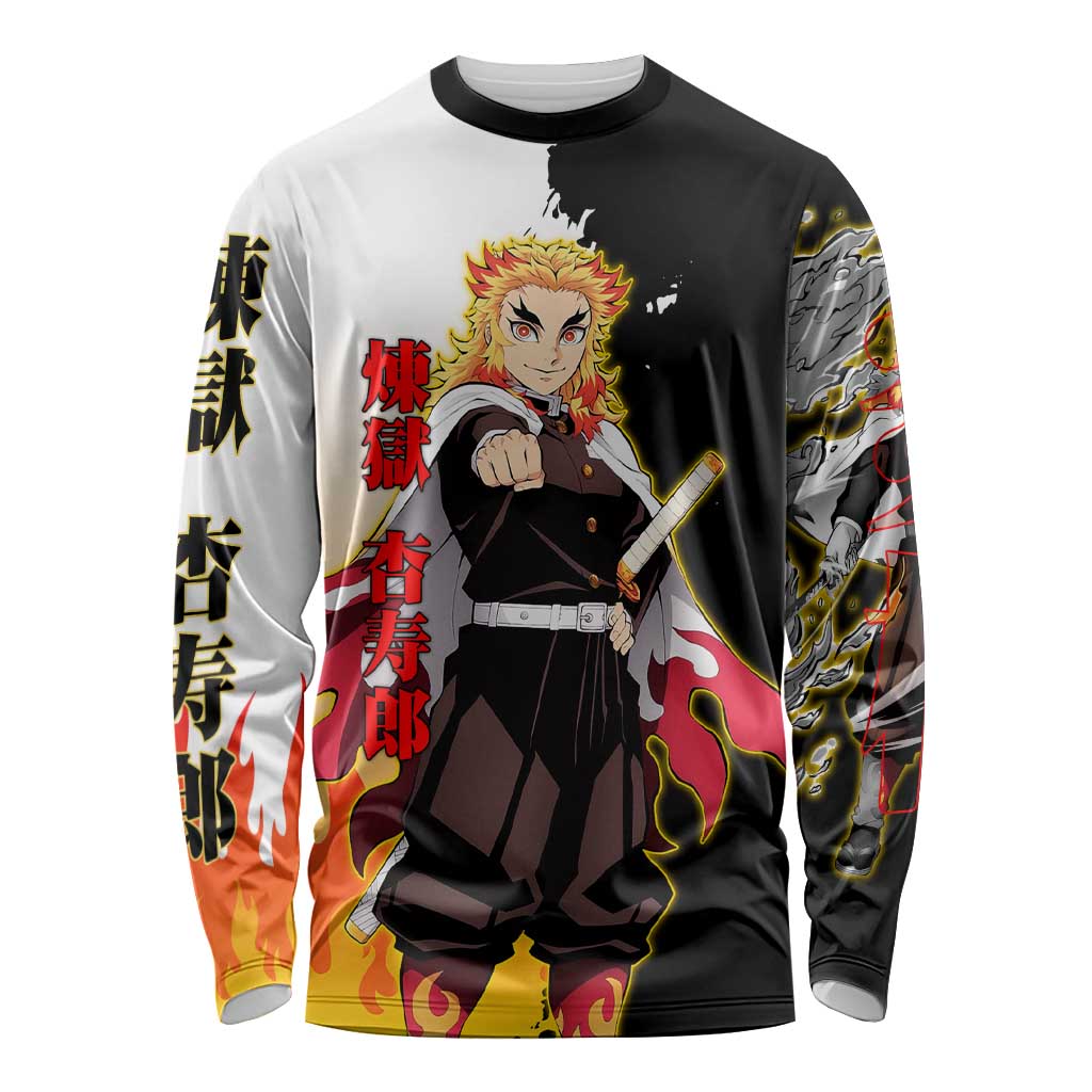 Kyojuro Rengoku from Demon Slayer Long Sleeve Shirt with Black and White Split Design and Fiery Manga Panel Background - The Mazicc