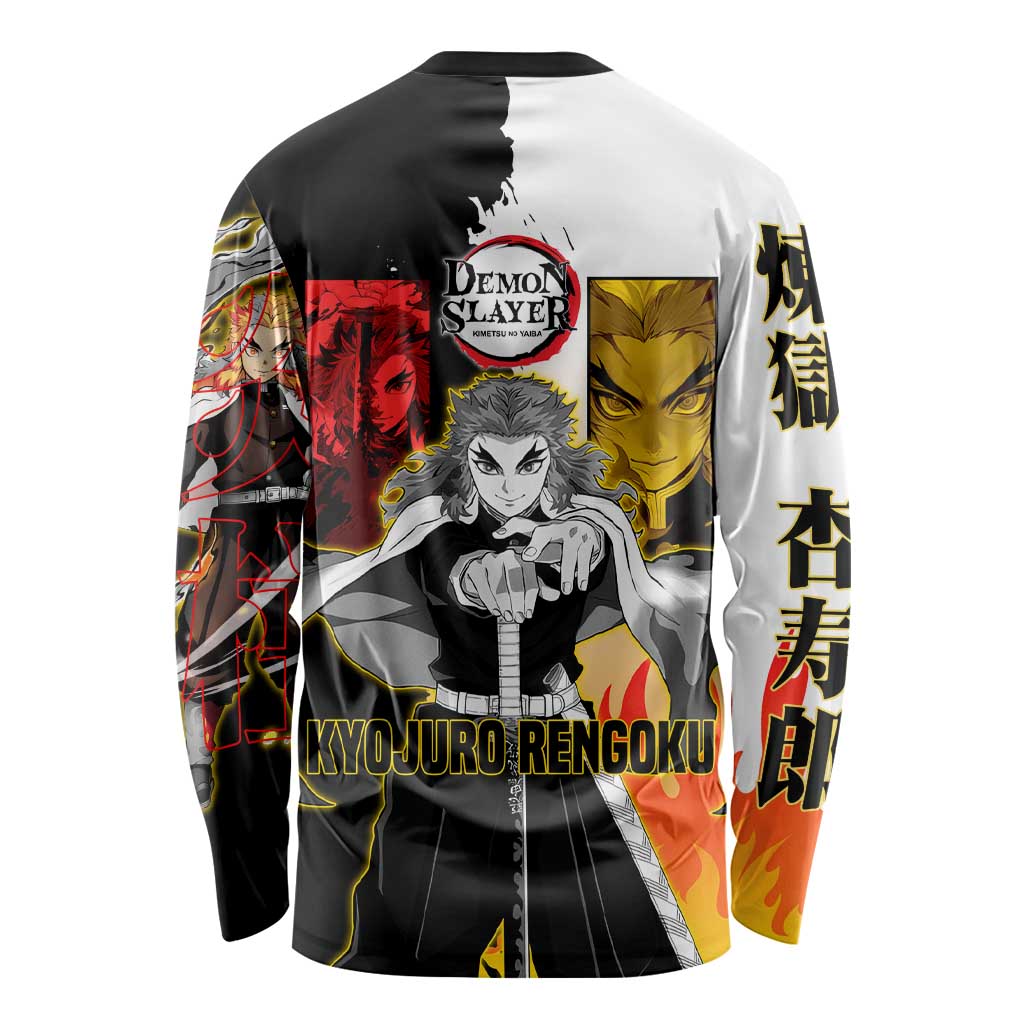 Kyojuro Rengoku from Demon Slayer Long Sleeve Shirt with Black and White Split Design and Fiery Manga Panel Background - The Mazicc
