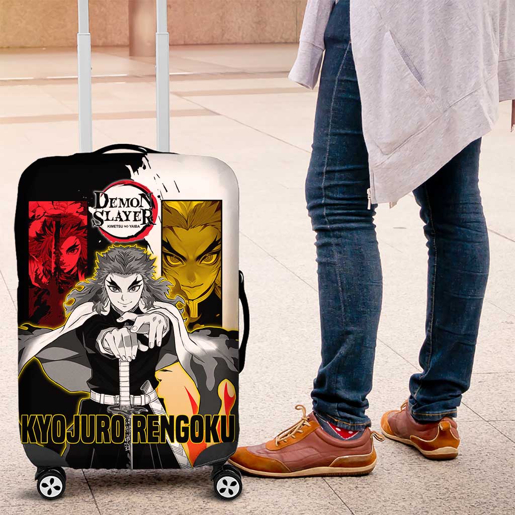 Kyojuro Rengoku from Demon Slayer Luggage Cover with Black and White Split Design and Fiery Manga Panel Background - The Mazicc