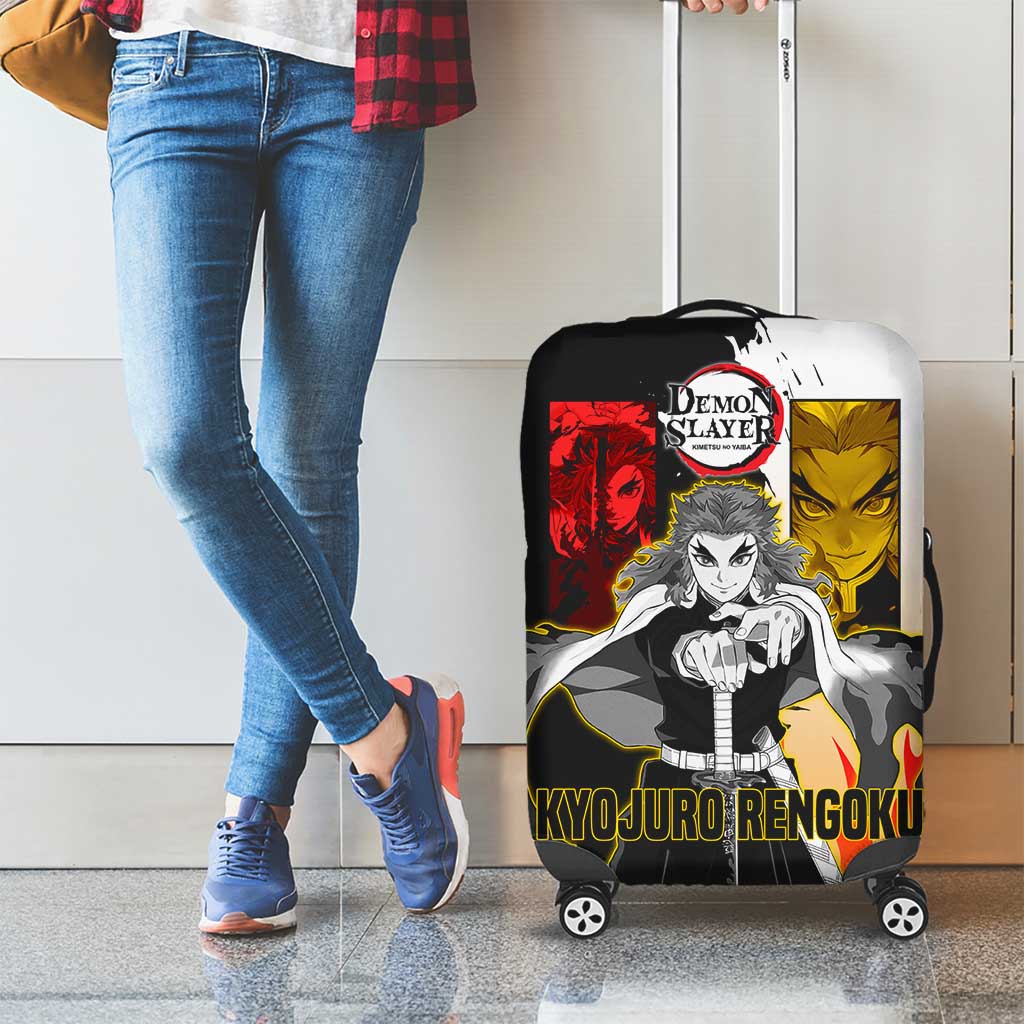 Kyojuro Rengoku from Demon Slayer Luggage Cover with Black and White Split Design and Fiery Manga Panel Background - The Mazicc