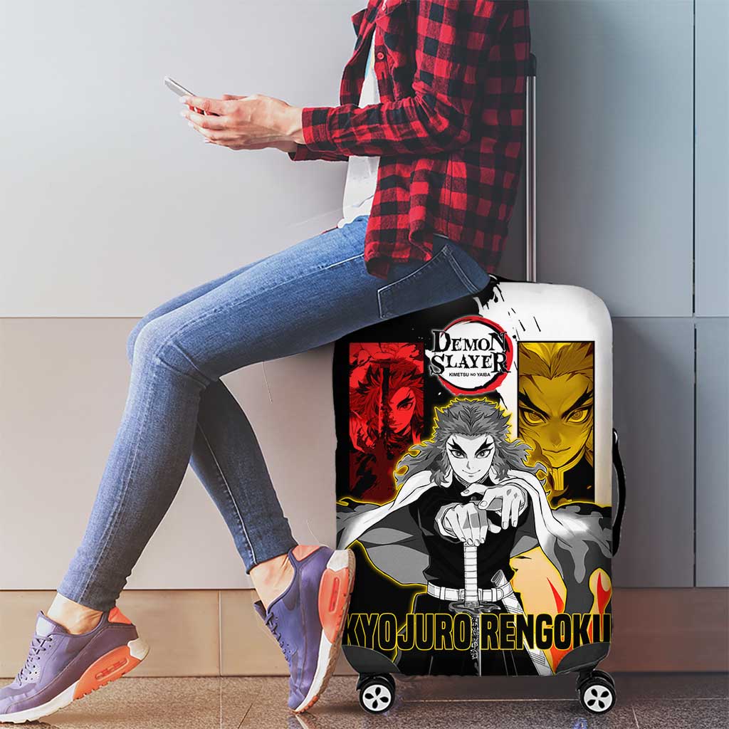 Kyojuro Rengoku from Demon Slayer Luggage Cover with Black and White Split Design and Fiery Manga Panel Background - The Mazicc