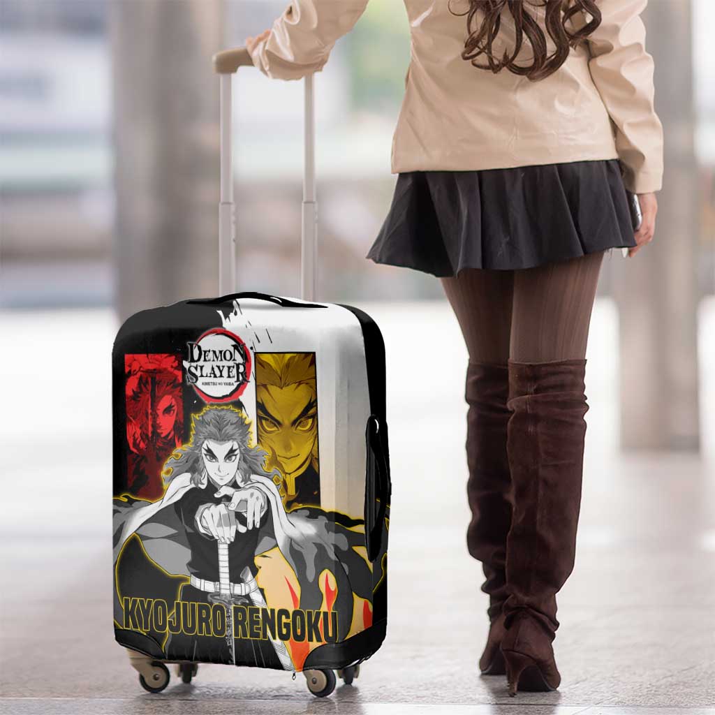 Kyojuro Rengoku from Demon Slayer Luggage Cover with Black and White Split Design and Fiery Manga Panel Background - The Mazicc