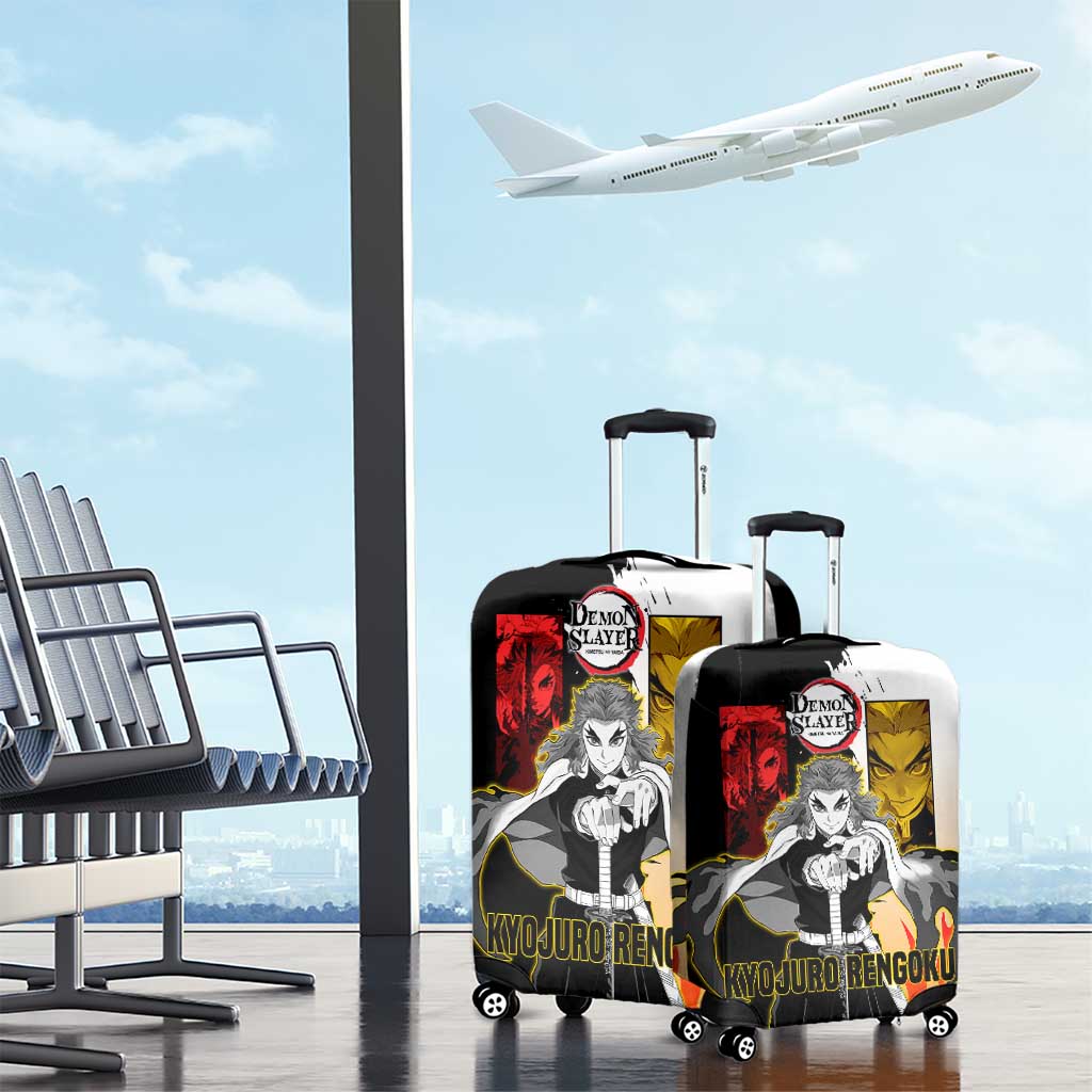 Kyojuro Rengoku from Demon Slayer Luggage Cover with Black and White Split Design and Fiery Manga Panel Background - The Mazicc