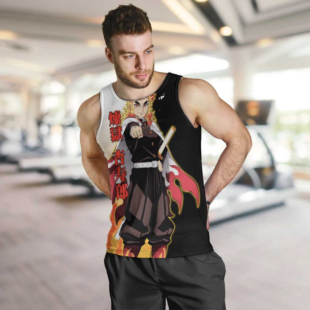 Kyojuro Rengoku from Demon Slayer Men Tank Top with Black and White Split Design and Fiery Manga Panel Background - The Mazicc