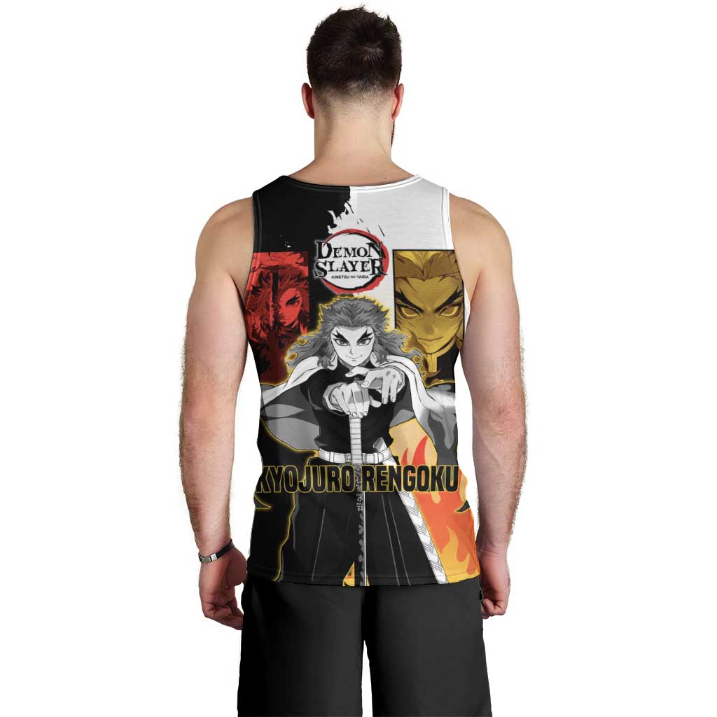 Kyojuro Rengoku from Demon Slayer Men Tank Top with Black and White Split Design and Fiery Manga Panel Background - The Mazicc