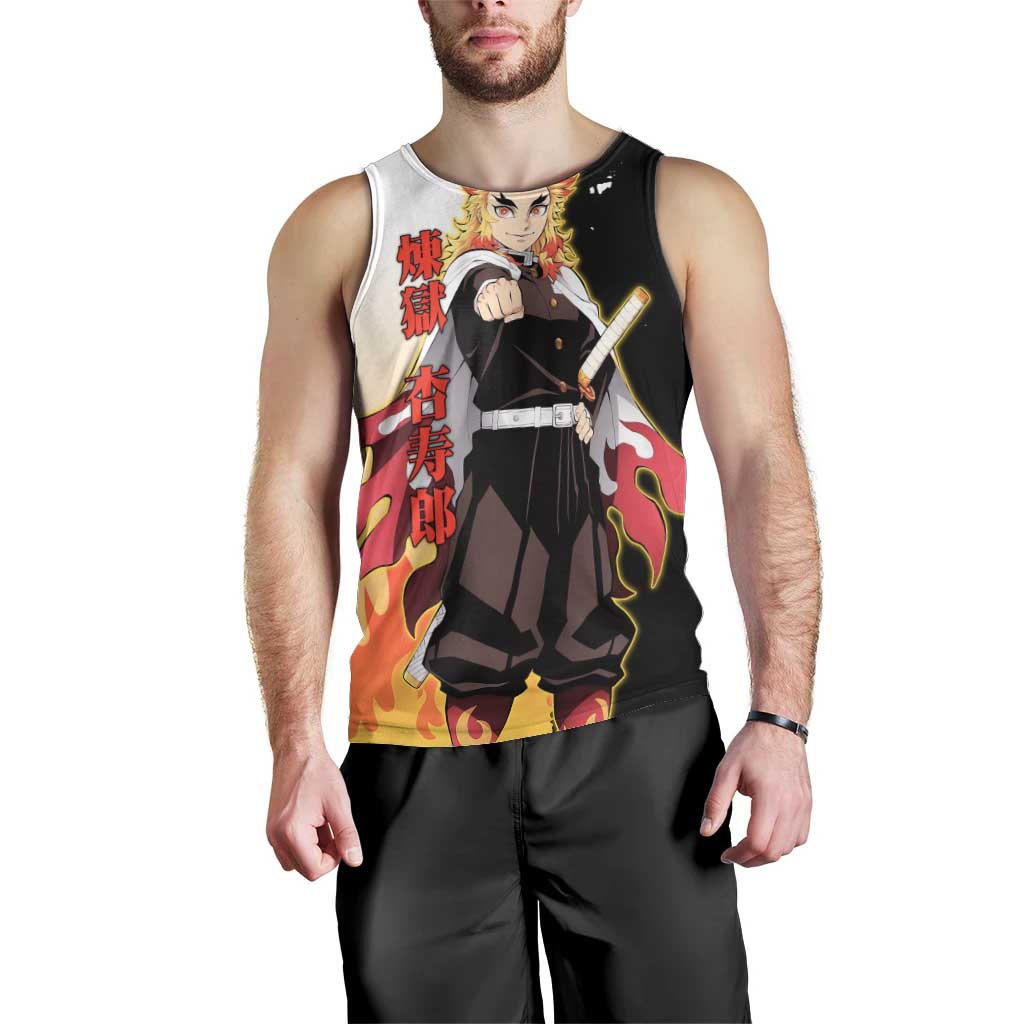 Kyojuro Rengoku from Demon Slayer Men Tank Top with Black and White Split Design and Fiery Manga Panel Background - The Mazicc