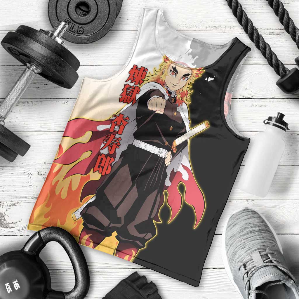 Kyojuro Rengoku from Demon Slayer Men Tank Top with Black and White Split Design and Fiery Manga Panel Background - The Mazicc
