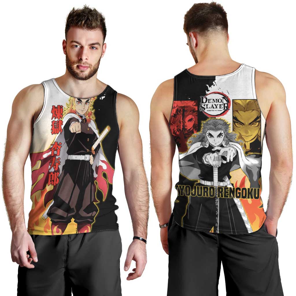 Kyojuro Rengoku from Demon Slayer Men Tank Top with Black and White Split Design and Fiery Manga Panel Background - The Mazicc