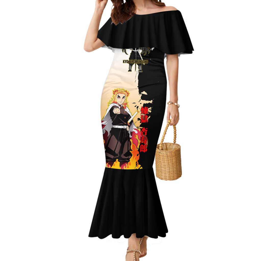 Kyojuro Rengoku from Demon Slayer Mermaid Dress with Black and White Split Design and Fiery Manga Panel Background - The Mazicc