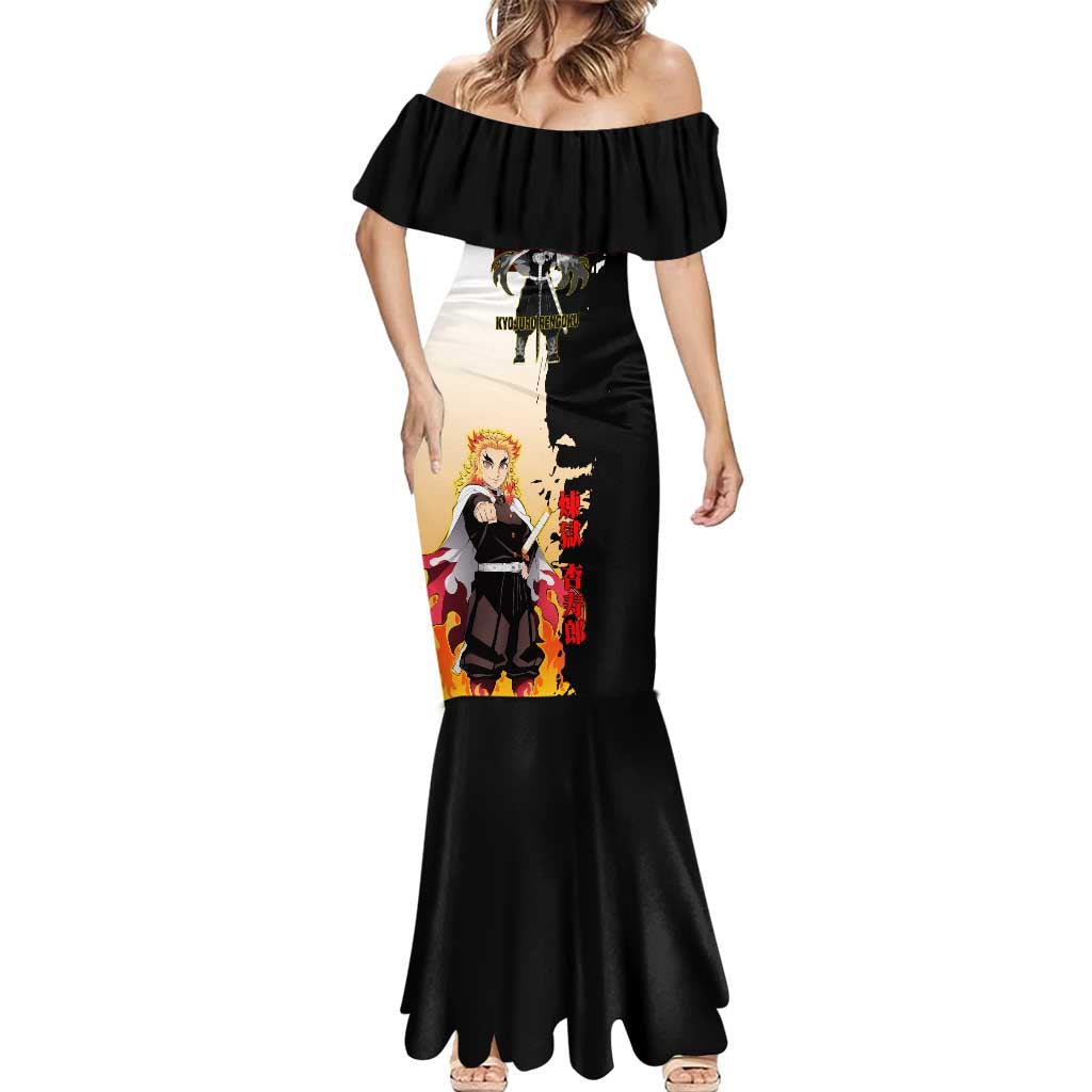 Kyojuro Rengoku from Demon Slayer Mermaid Dress with Black and White Split Design and Fiery Manga Panel Background - The Mazicc