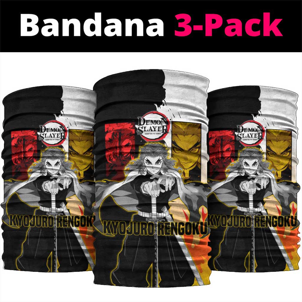 Kyojuro Rengoku from Demon Slayer Neck Gaiter with Black and White Split Design and Fiery Manga Panel Background - The Mazicc