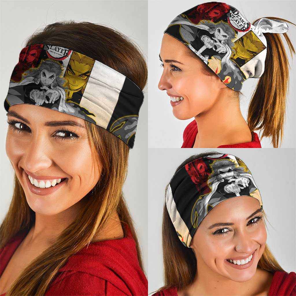 Kyojuro Rengoku from Demon Slayer Neck Gaiter with Black and White Split Design and Fiery Manga Panel Background - The Mazicc