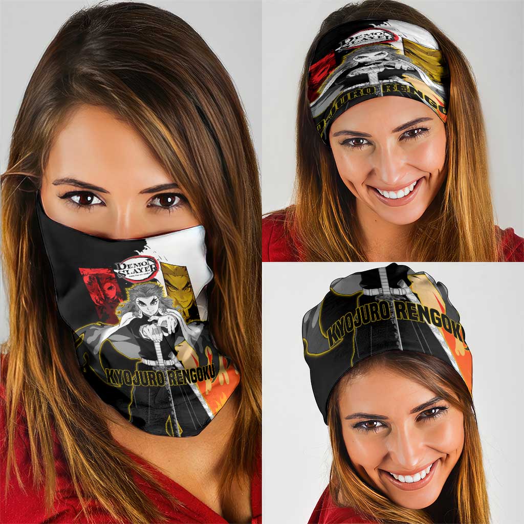 Kyojuro Rengoku from Demon Slayer Neck Gaiter with Black and White Split Design and Fiery Manga Panel Background - The Mazicc