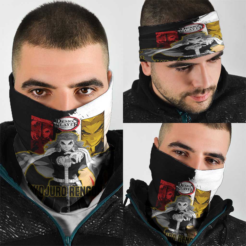 Kyojuro Rengoku from Demon Slayer Neck Gaiter with Black and White Split Design and Fiery Manga Panel Background - The Mazicc