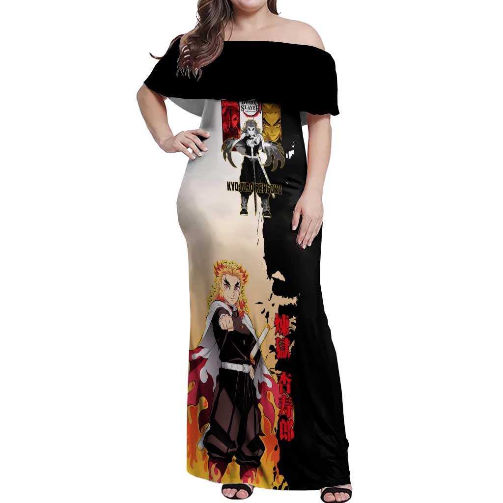 Kyojuro Rengoku from Demon Slayer Off Shoulder Maxi Dress with Black and White Split Design and Fiery Manga Panel Background - The Mazicc