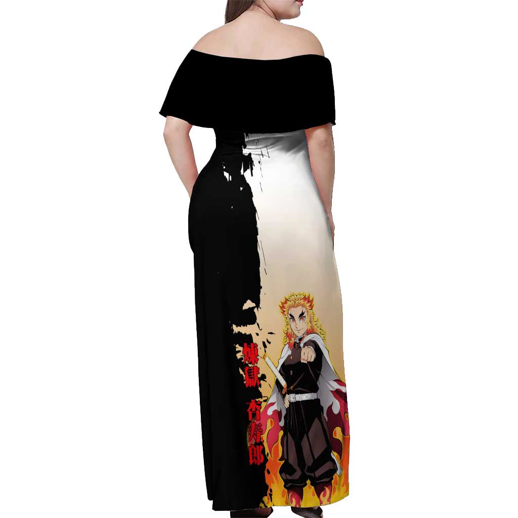 Kyojuro Rengoku from Demon Slayer Off Shoulder Maxi Dress with Black and White Split Design and Fiery Manga Panel Background - The Mazicc