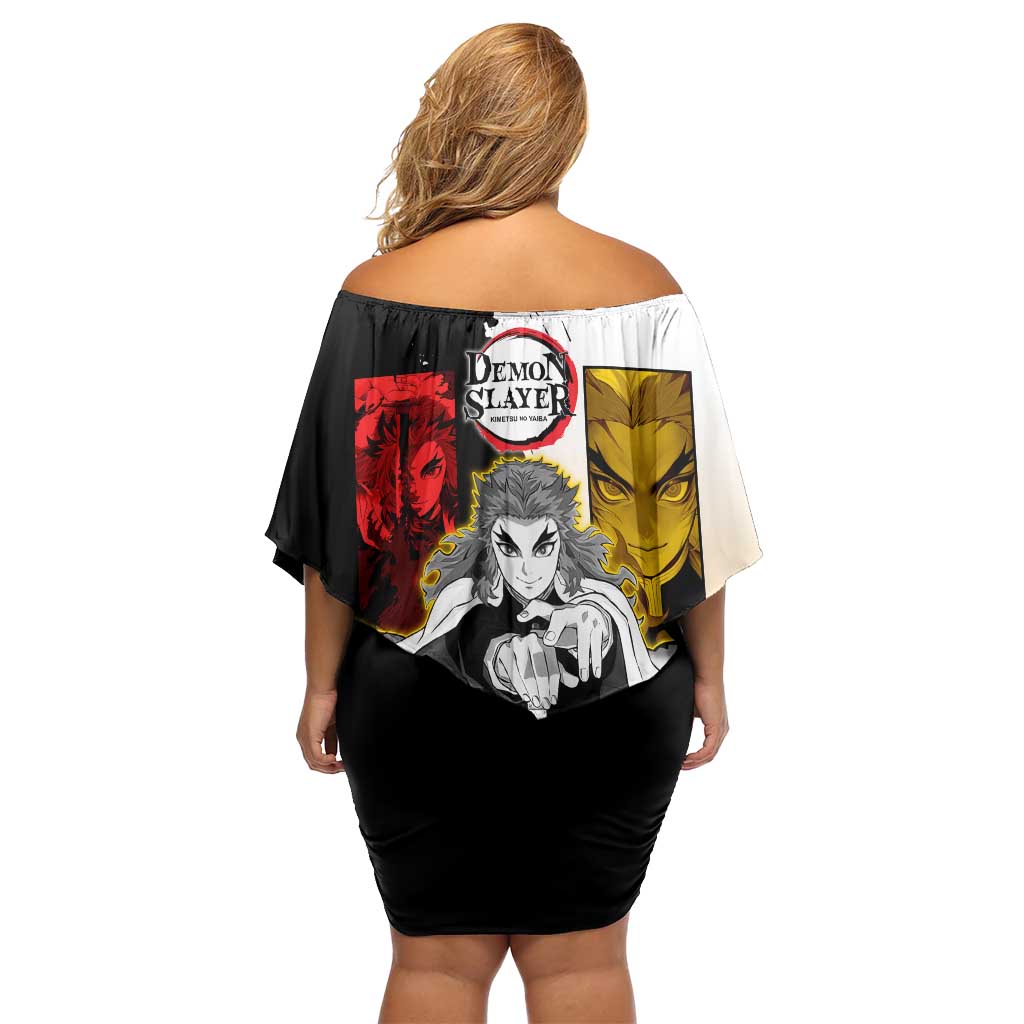 Kyojuro Rengoku from Demon Slayer Off Shoulder Short Dress with Black and White Split Design and Fiery Manga Panel Background - The Mazicc